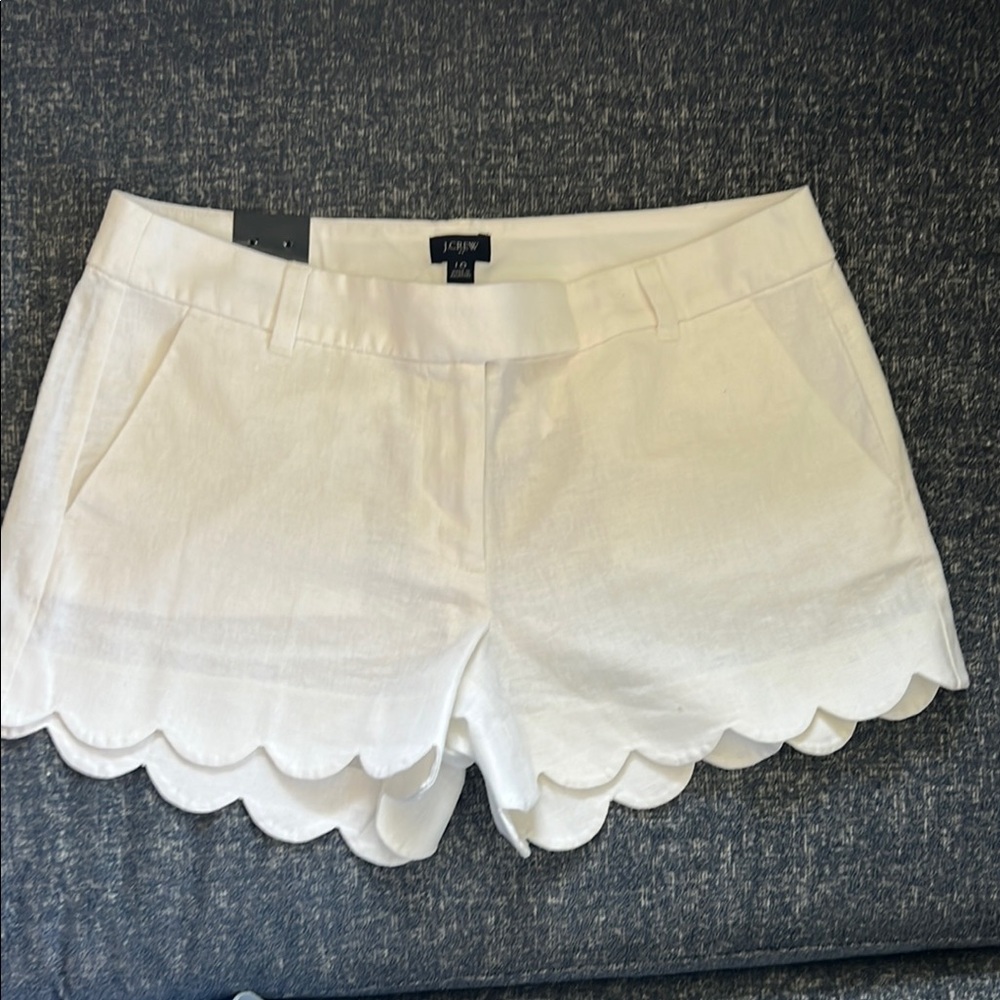 J. Crew White High Waist Linen Scalloped Shorts